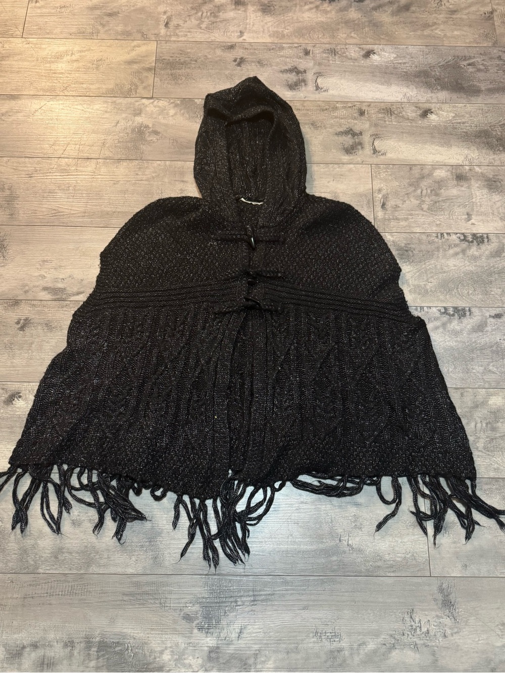 Jackson Rowe One Size Black Hooded Fringe Knit Poncho Sweater